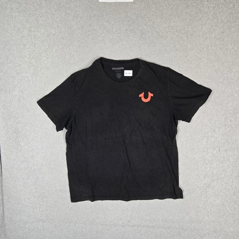 True Religion Men Shirt XL Black Graphic Logo Short Sleeve Print